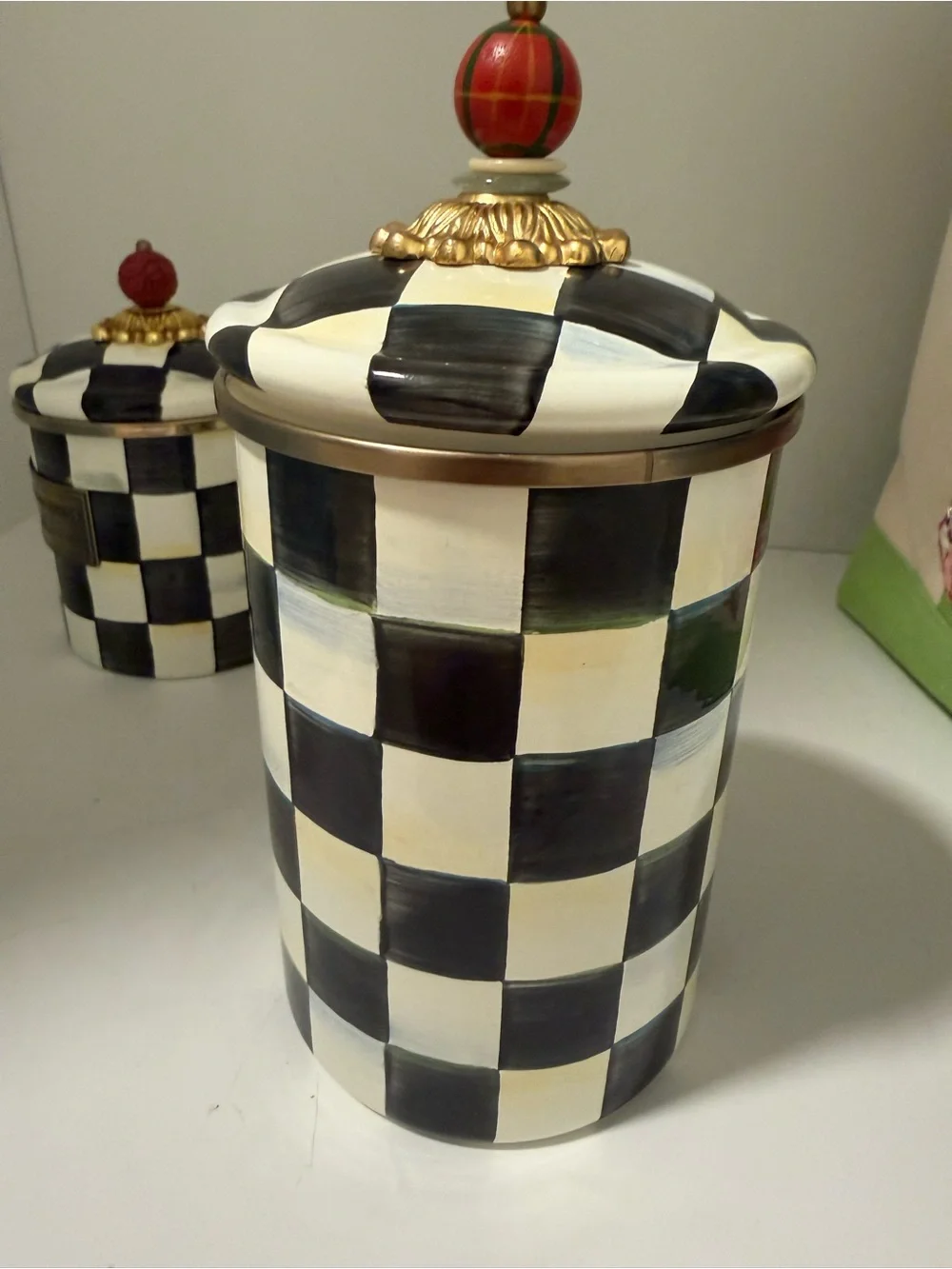 MacKenzie-Childs Black & White Courtly Check Ceramic Canister with Tartan Finial